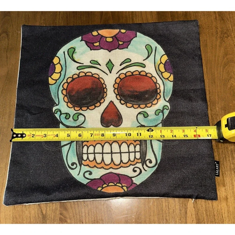 Day of the Dead Sugar Skull Black Heart Nose Pillow Cover Diade Muertos 17 X17